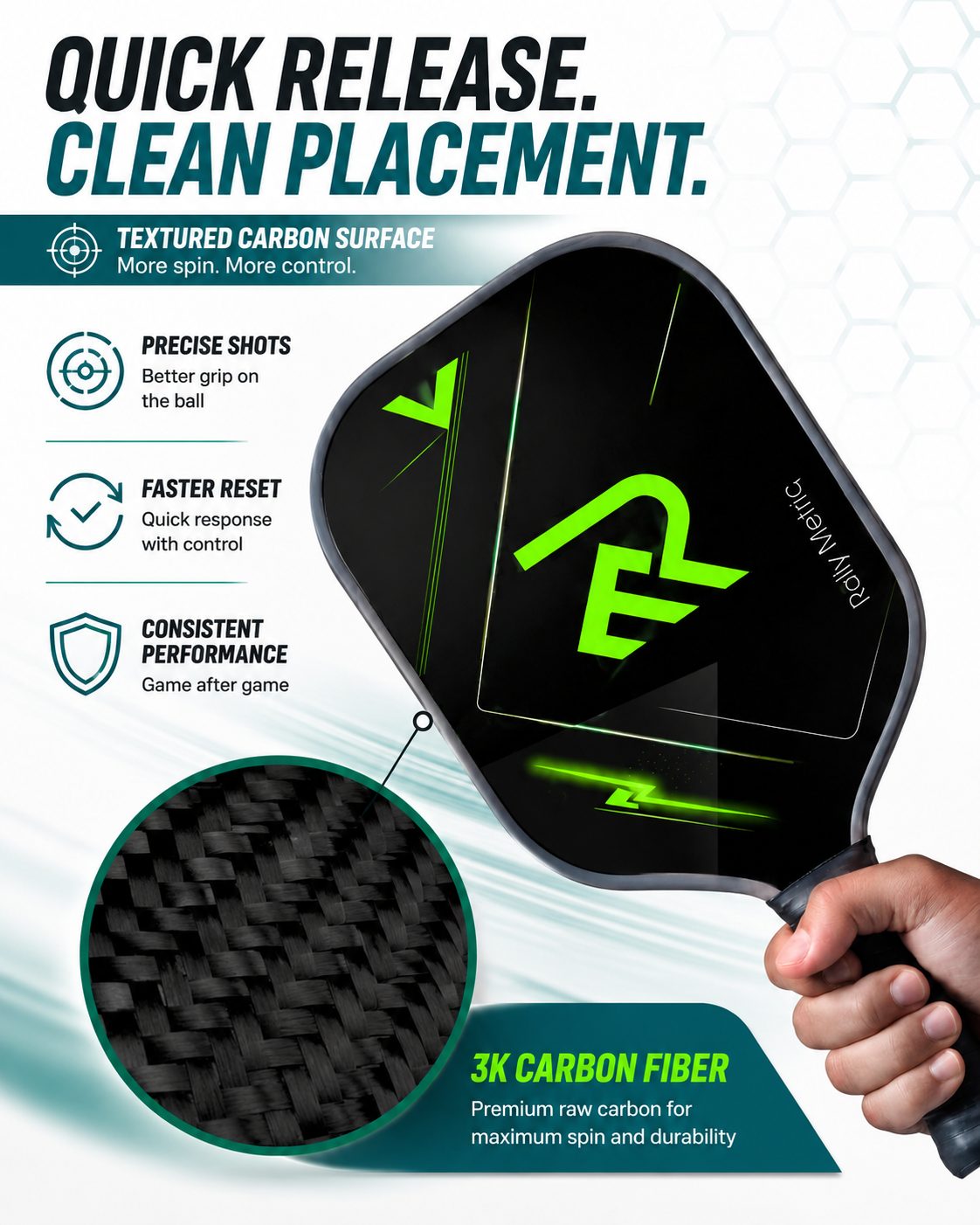 Rally Metric Carbon Fiber Pickleball Paddle Set of 2, 16mm Core for Spin & Control, Lightweight Wide Body Design, Includes 4 Balls, 2 Overgrips & Carry Bag, Ideal for Doubles Play