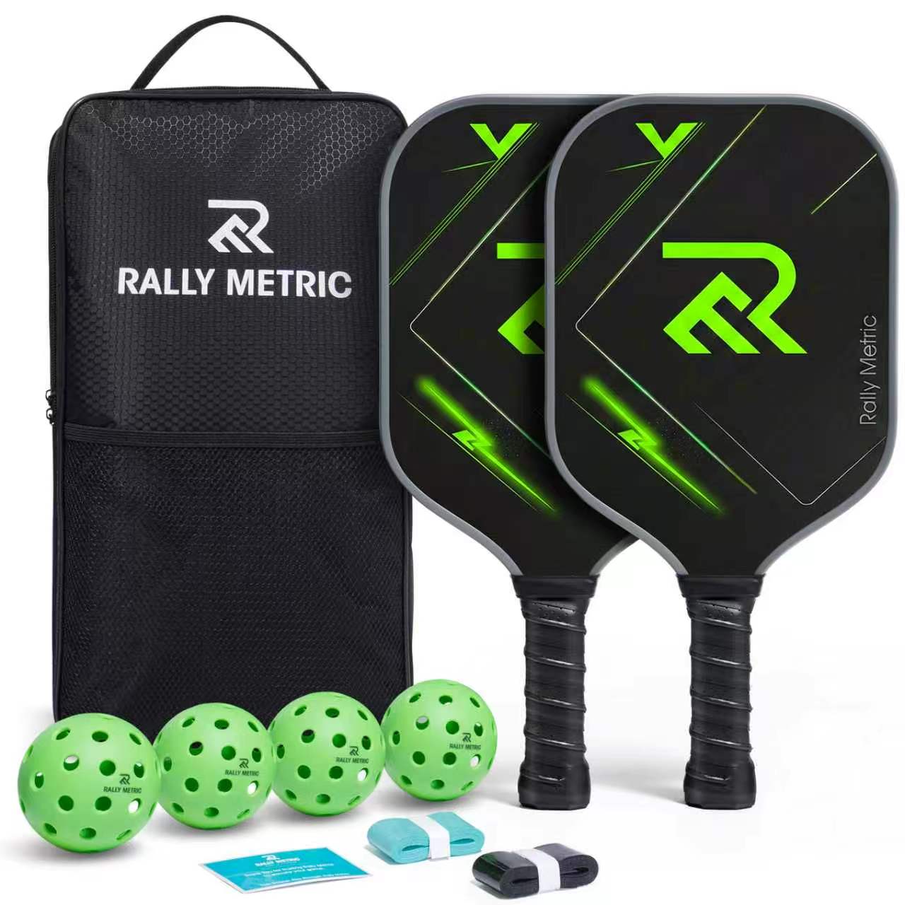 Rally Metric Carbon Fiber Pickleball Paddle Set of 2, 16mm Core for Spin & Control, Lightweight Wide Body Design, Includes 4 Balls, 2 Overgrips & Carry Bag, Ideal for Doubles Play